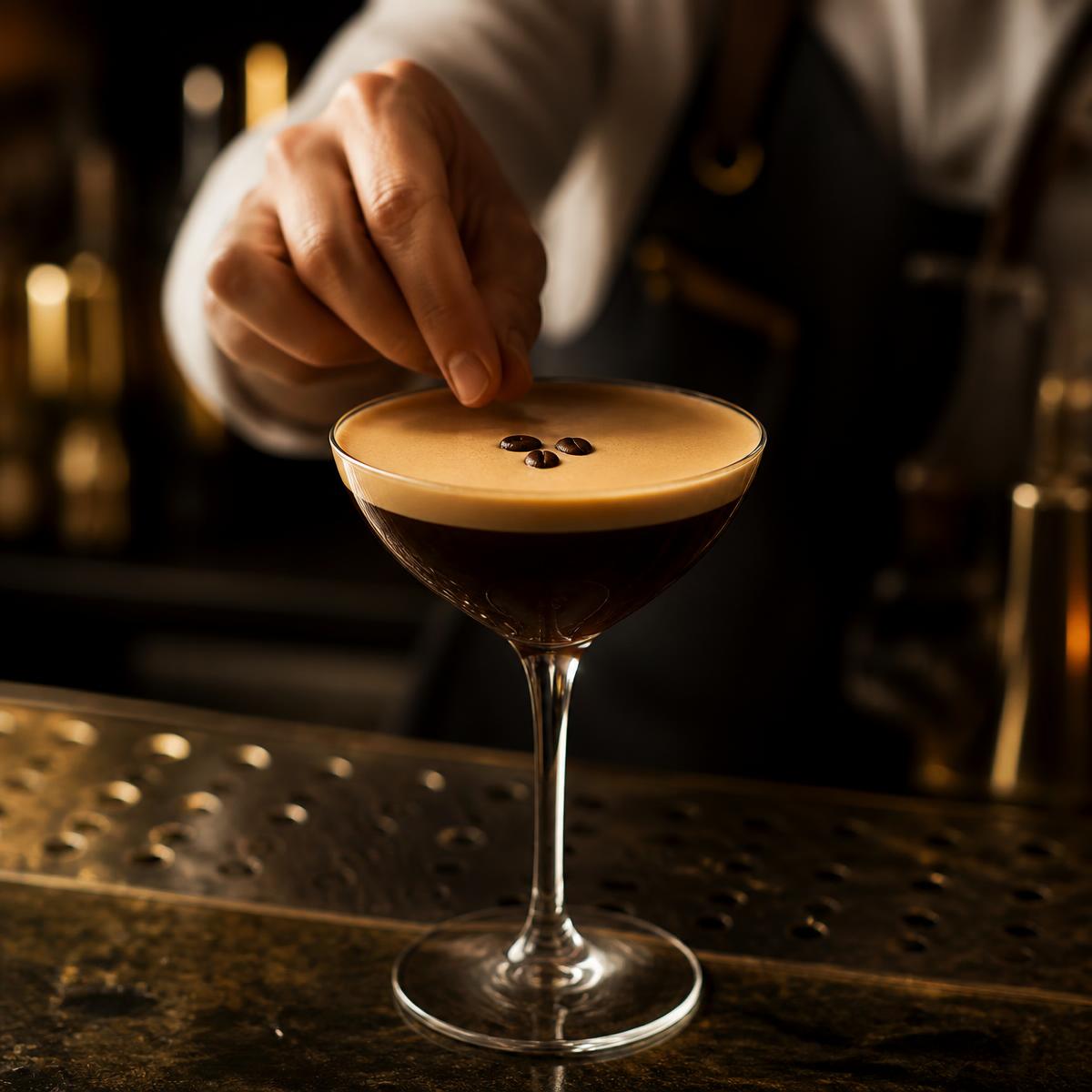 Bartender finishing an espresso martini with coffee beans