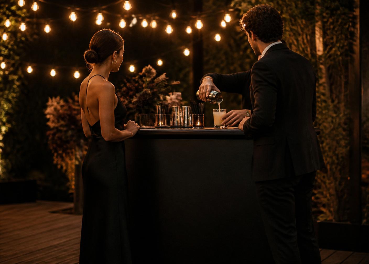 Guests ordering drinks at a black portable event bar under string lights