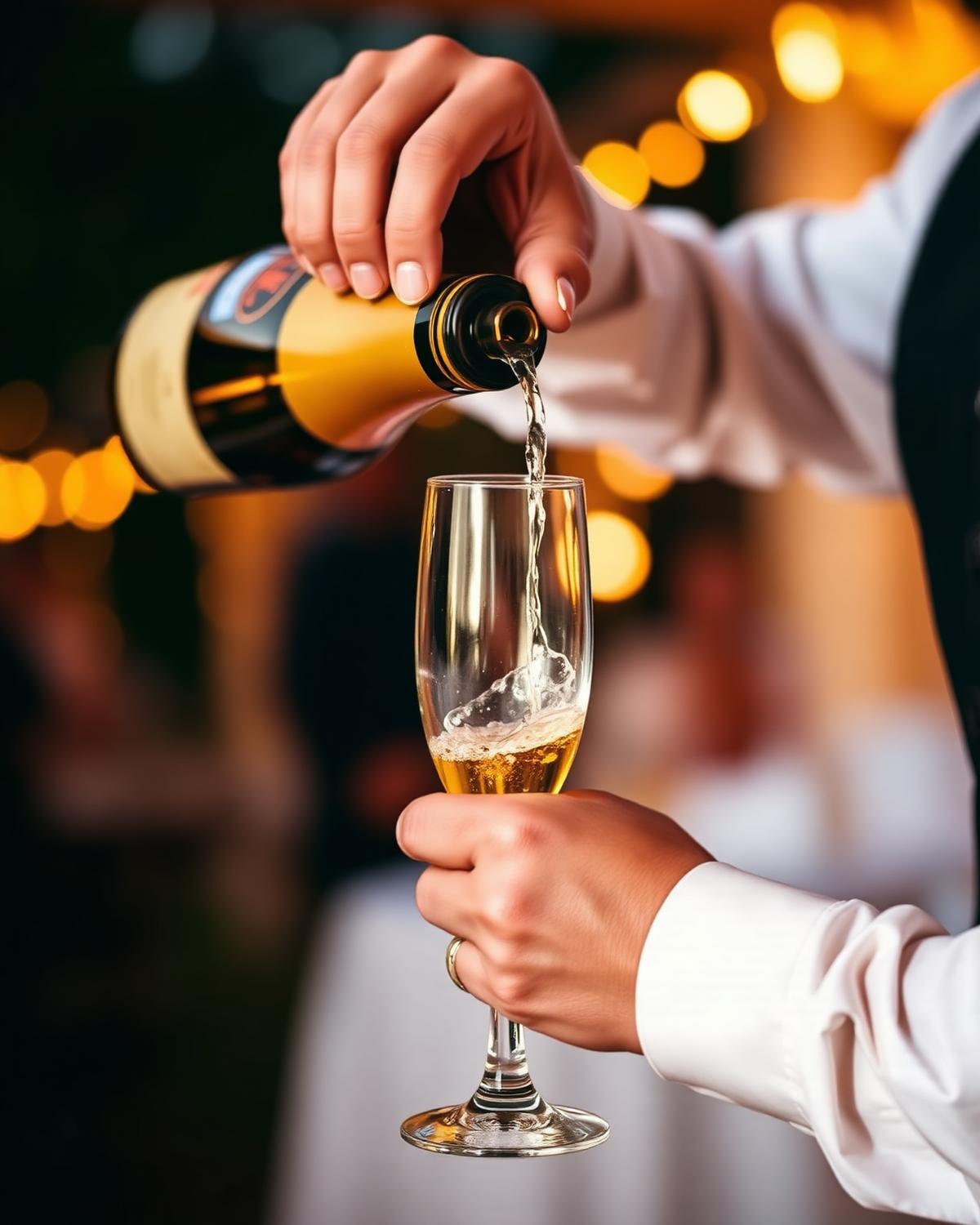 Bartender pouring champagne into a coupe